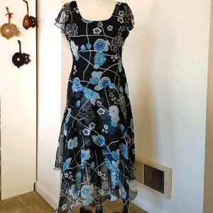 NY & Company Black/Blue Silk Chiffon Floral Dress